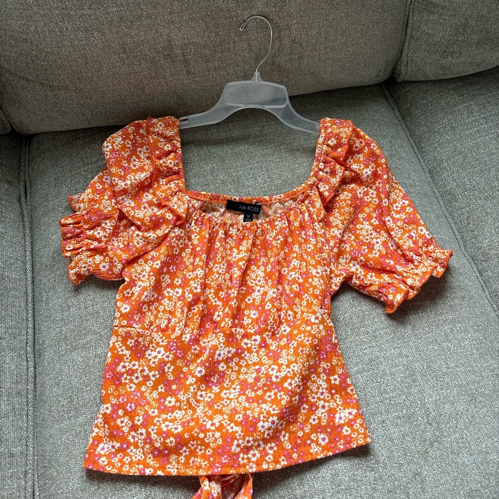 Orange Puff Sleeve Smocked Blouse